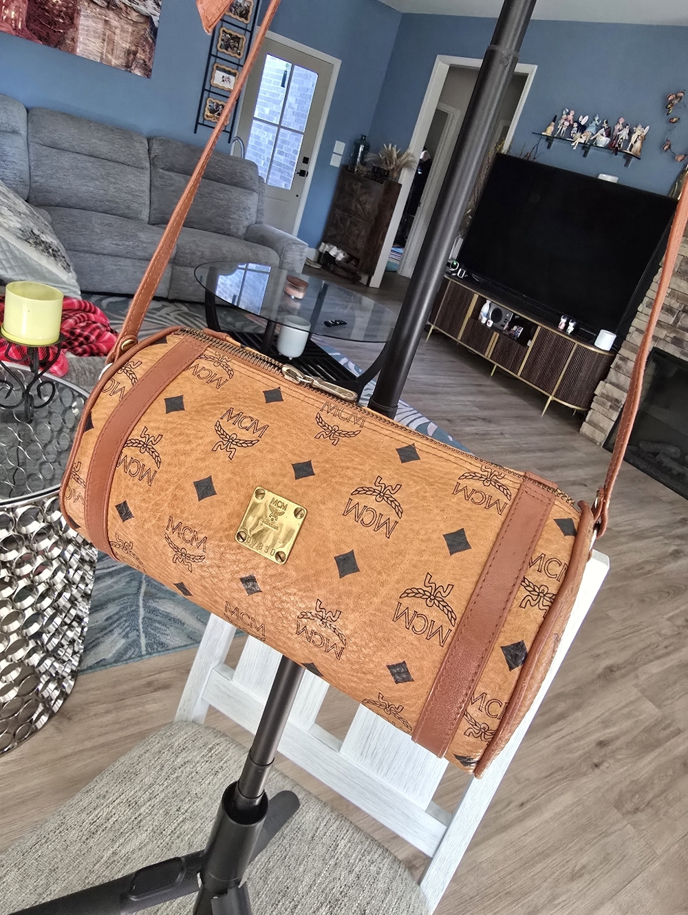 Authentic MCM Cognac and Black Logo Visetos Barrel Shoulder Bag